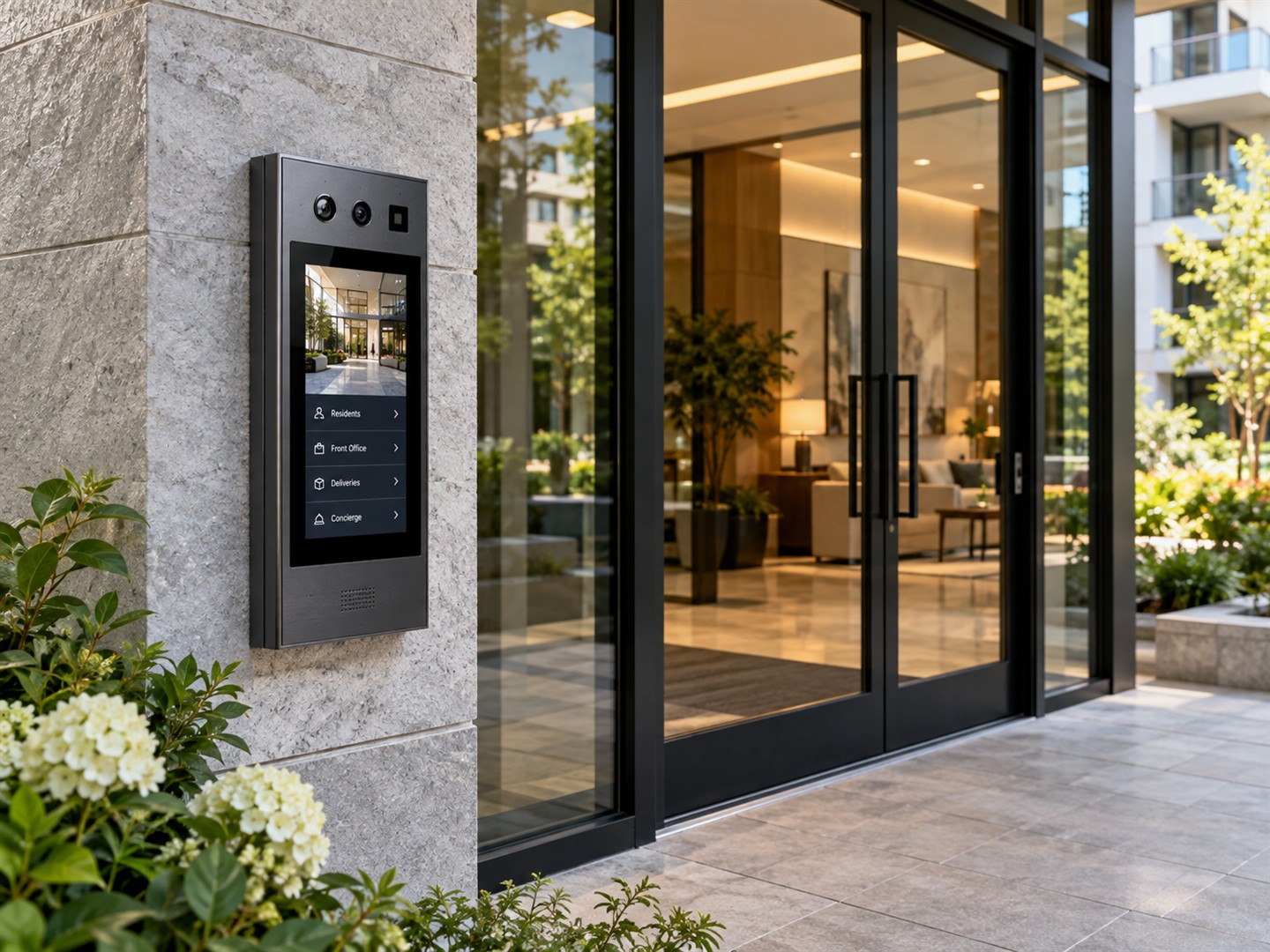 Contemporary touchscreen video intercom beside the glass entrance of a modern multifamily building